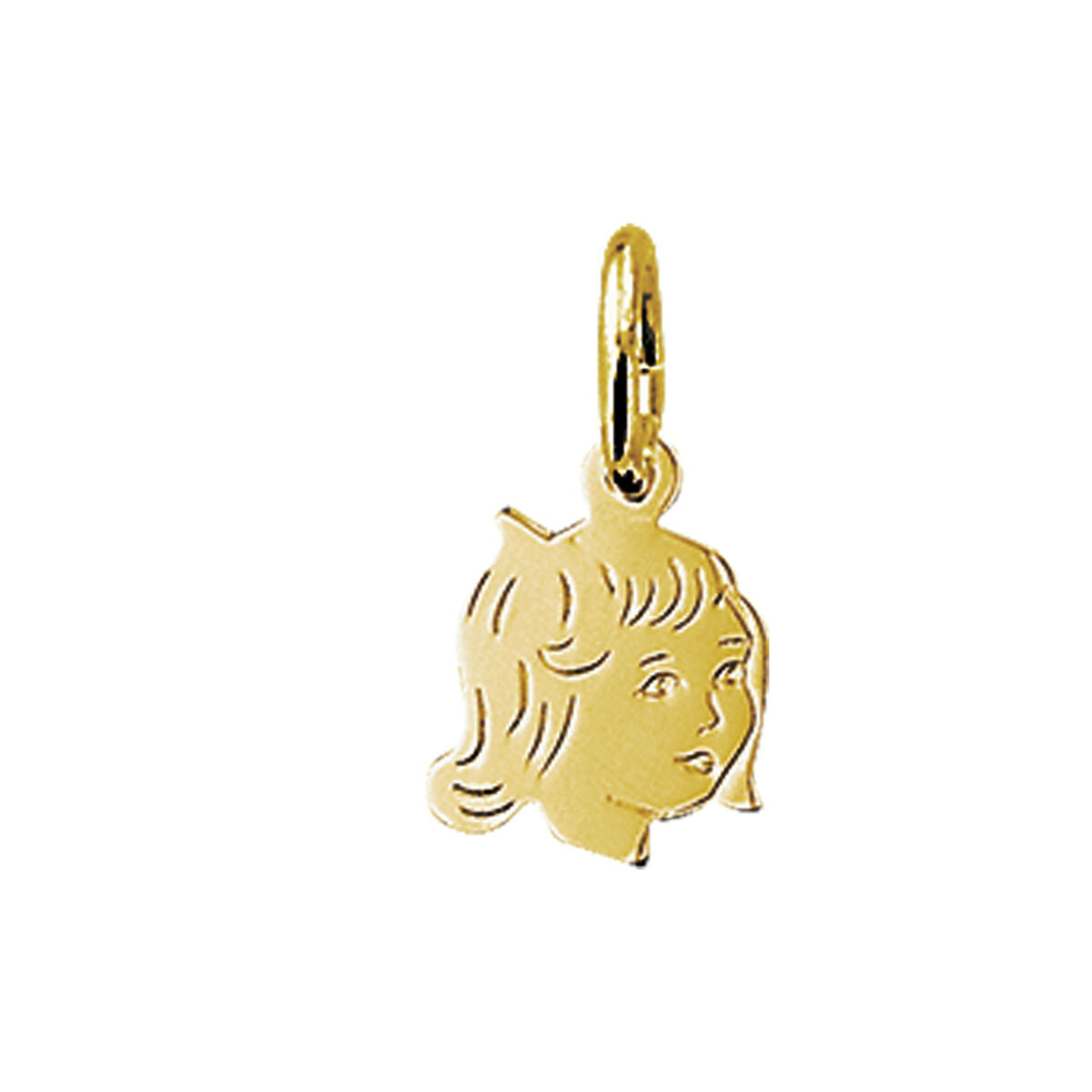 Colgante de niña en oro amarillo de 14K, con un diseño detallado y medidas de 12,5 x 9 mm.