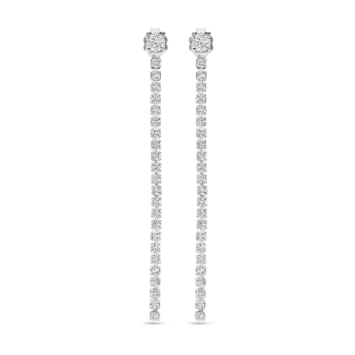 Pendientes largos de zirconia de 55 mm en plata rodiada con un diseño brillante.