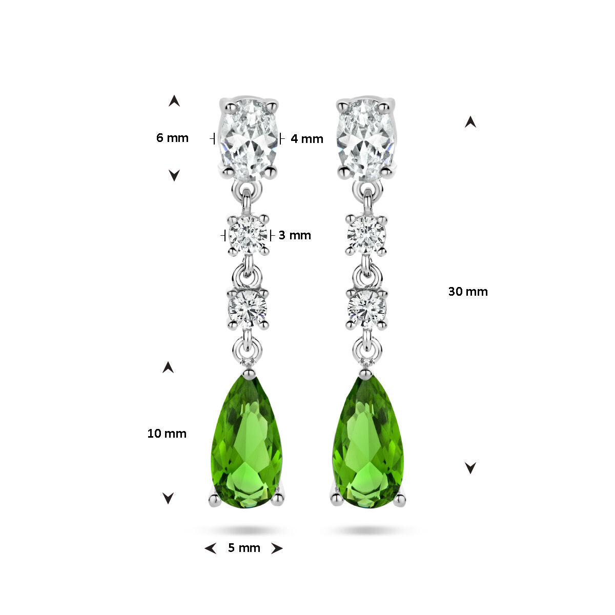 pendientes de zirconia verde y blanca en plata rodiada
