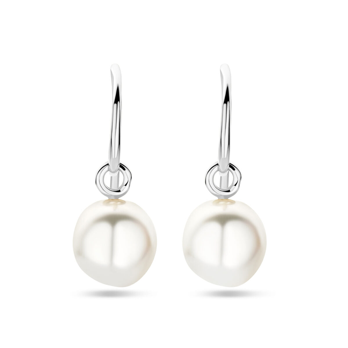 Pendientes largos de perla blanca de 24 mm con gancho francés en plata rodiada.
