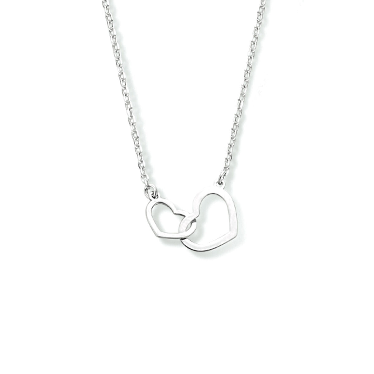 Collar de corazones en plata rodiada, con cadena de eslabones y dos corazones entrelazados.