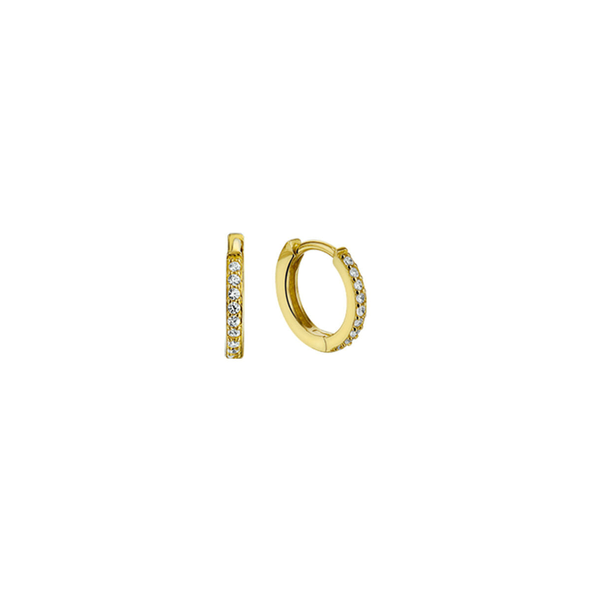 Aros de oro amarillo de 14K con zirconias de 1,5 mm en un diseño plano.