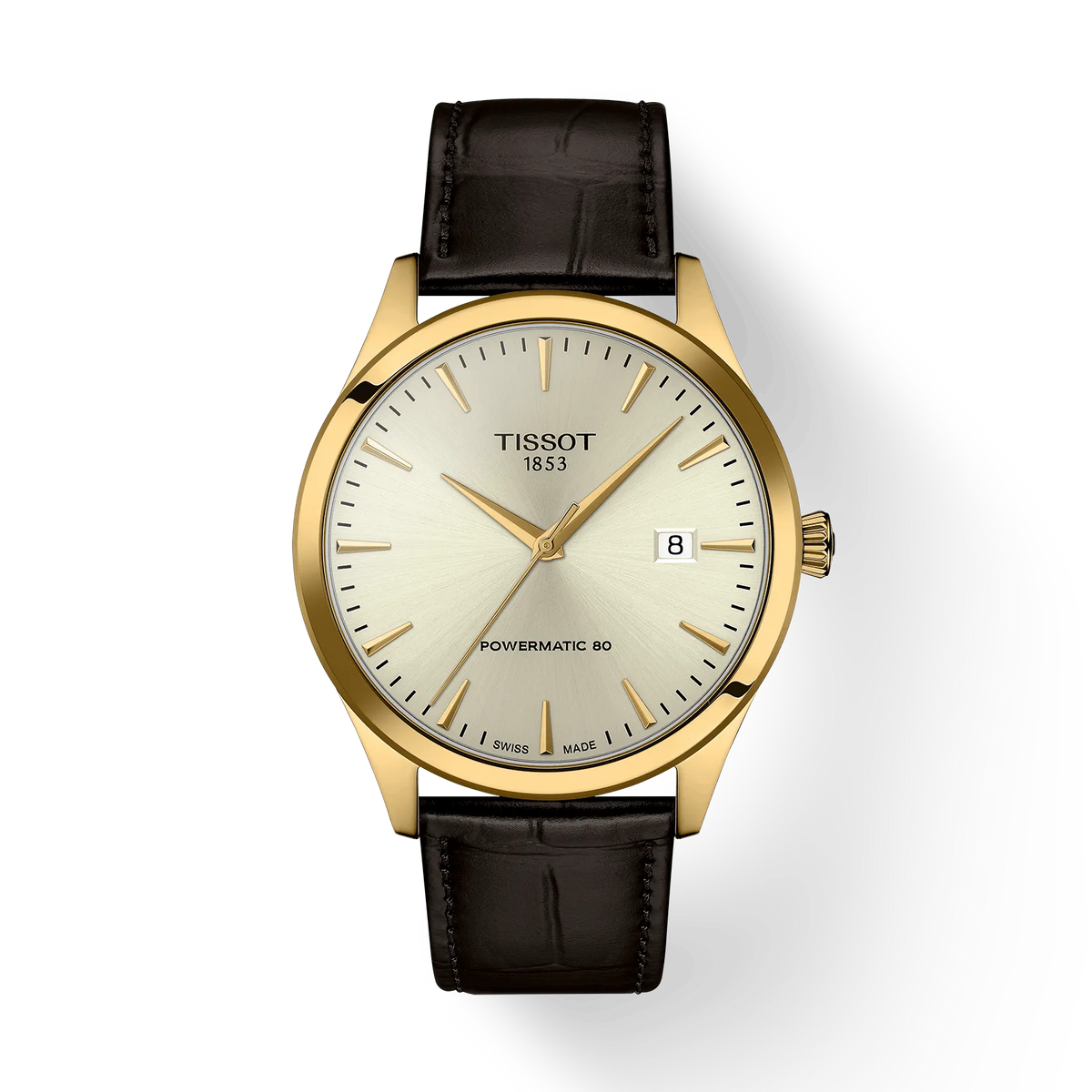 Reloj de hombre Tissot de 40 mm, con caja dorada, esfera plateada y correa de cuero marrón.