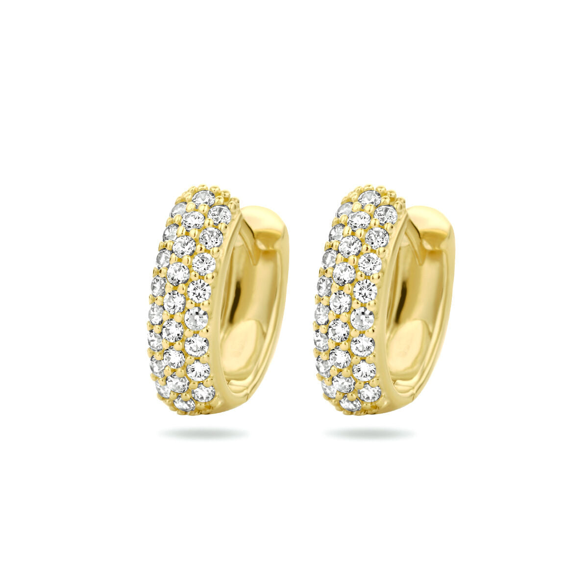 Aros de zircónia en oro amarillo de 14 quilates con un diseño brillante y redondeado.