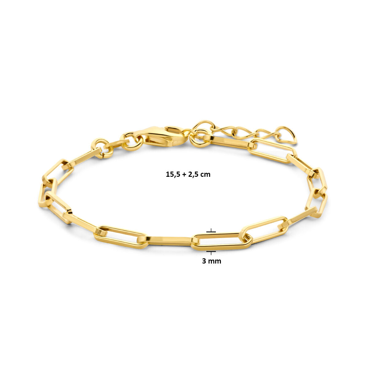 pulsera paperclip tubo cuadrado 3,0 mm 15,5 + 2,5 cm 3 micrones plata chapado en oro amarillo