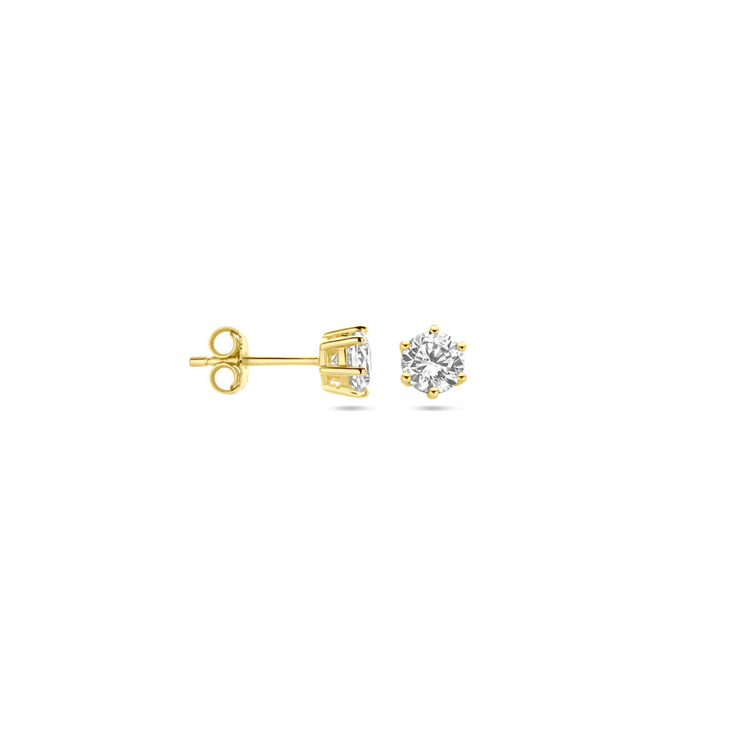 Van der Kooij Collectie oorknoppen zirkonia 14K geelgoud: dames oorbellen met één ronde zirkonia in een zespoots zetting, getoond van voren en opzij op een witte achtergrond.