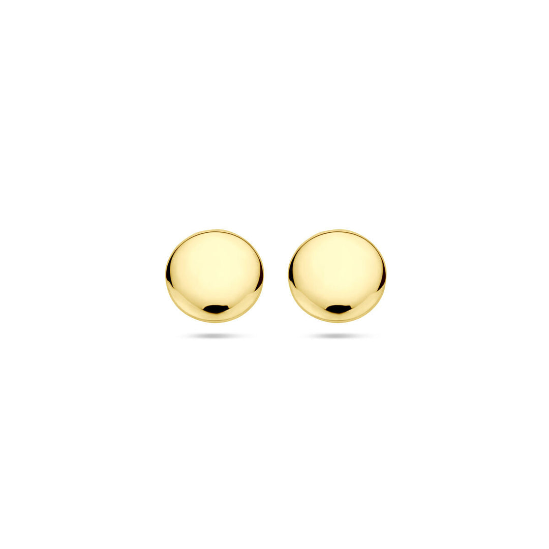 Een paar oorknoppen rond 14K geelgoud uit de Van der Kooij Collectie, met een gladde, glanzende afwerking op een witte achtergrond - tijdloze oorbellen.