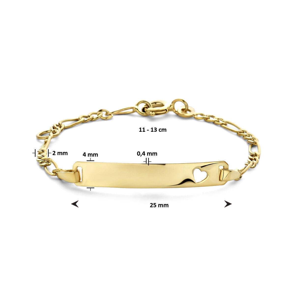 pulsera de grabado corazón placa 4,0 mm 9 quilates