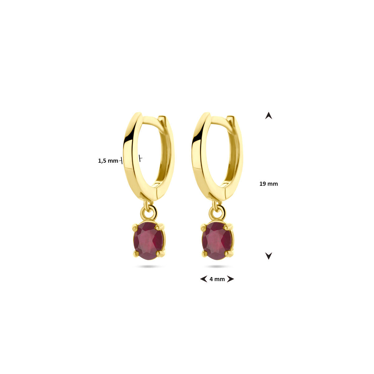 aros rubí 19 mm 14K oro amarillo