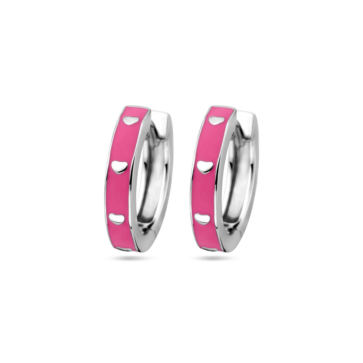 Aros de email rosa con detalles plateados y acabado en rodio.