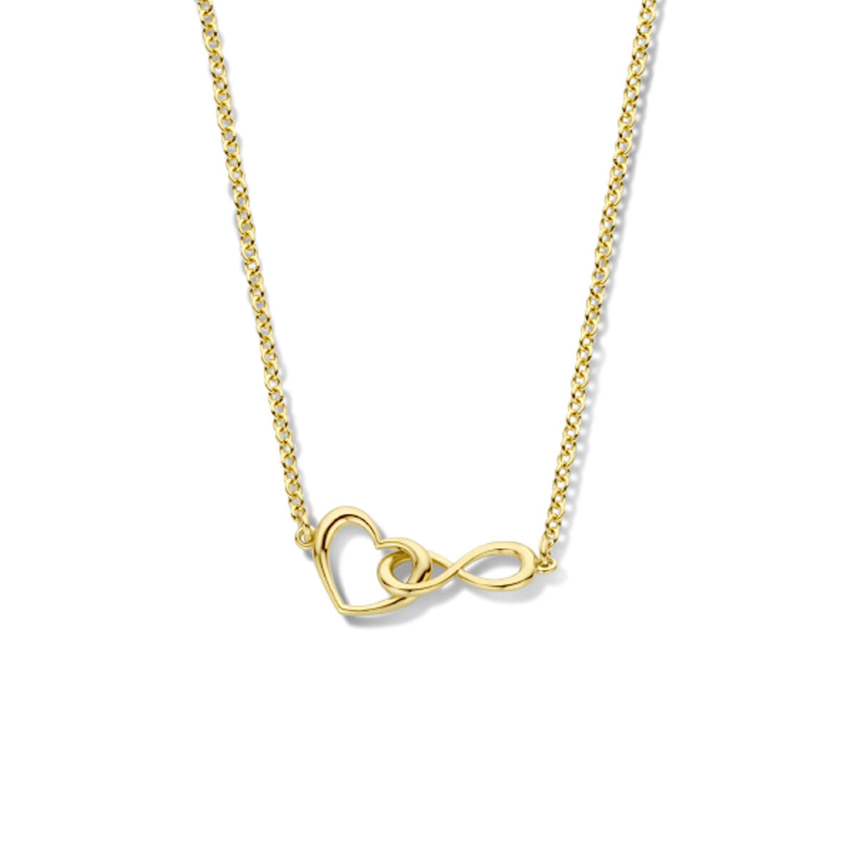 Cadena dorada con colgante de corazón e infinito en micronizado.