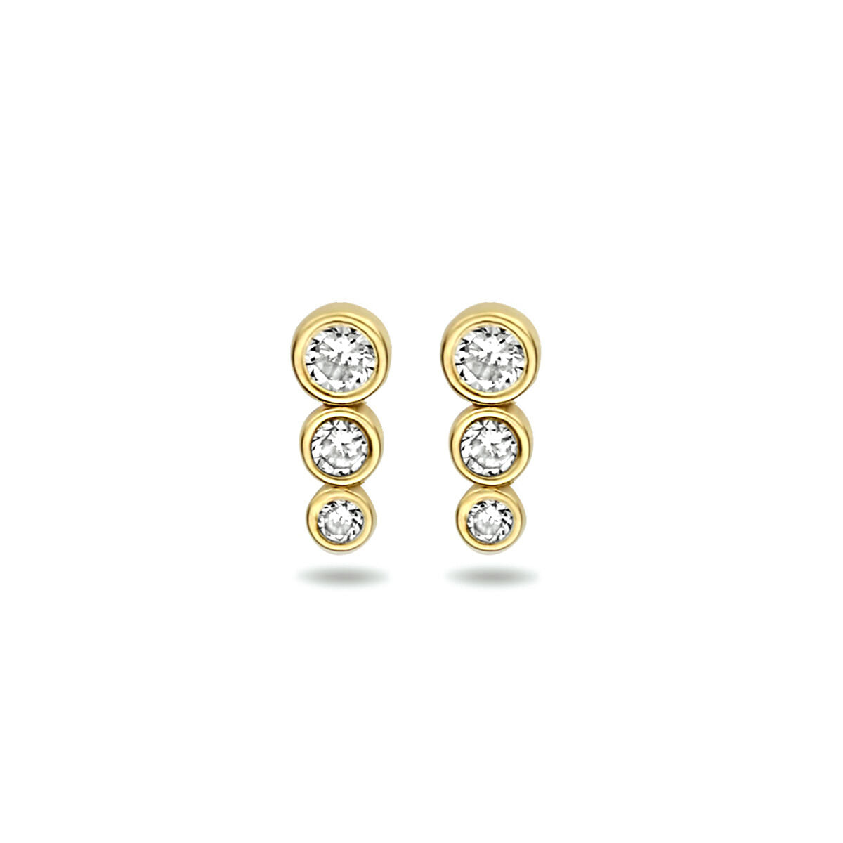 Pendientes de zircón en oro amarillo de 14K con tres piedras brillantes.