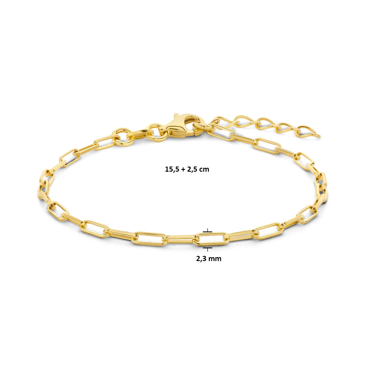 pulsera paperclip tubo cuadrado 2,3 mm 15,5 + 2,5 cm 3 micrones plata chapado en oro amarillo