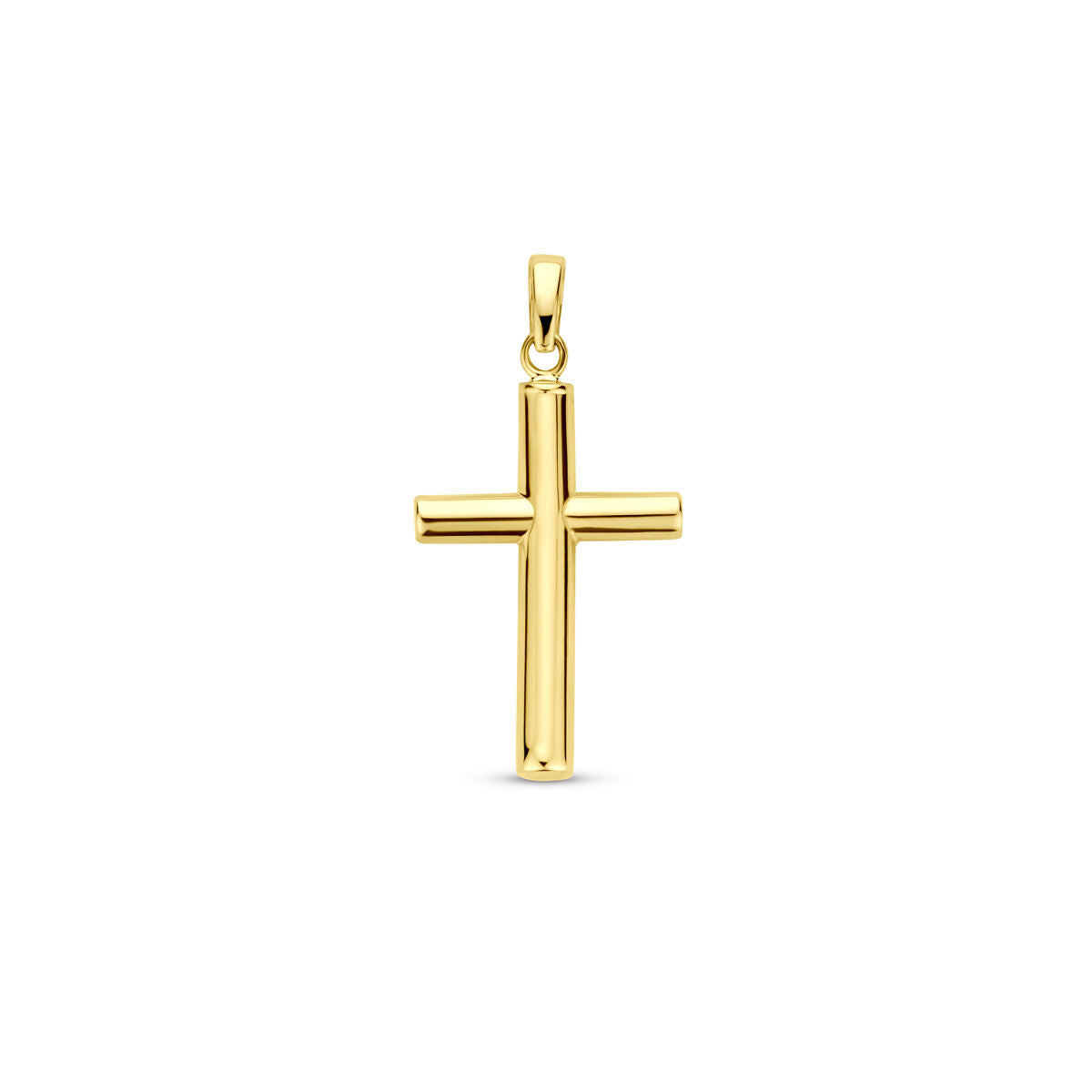 Colgante de cruz de 28 mm en oro amarillo de 14 quilates, con acabado pulido.