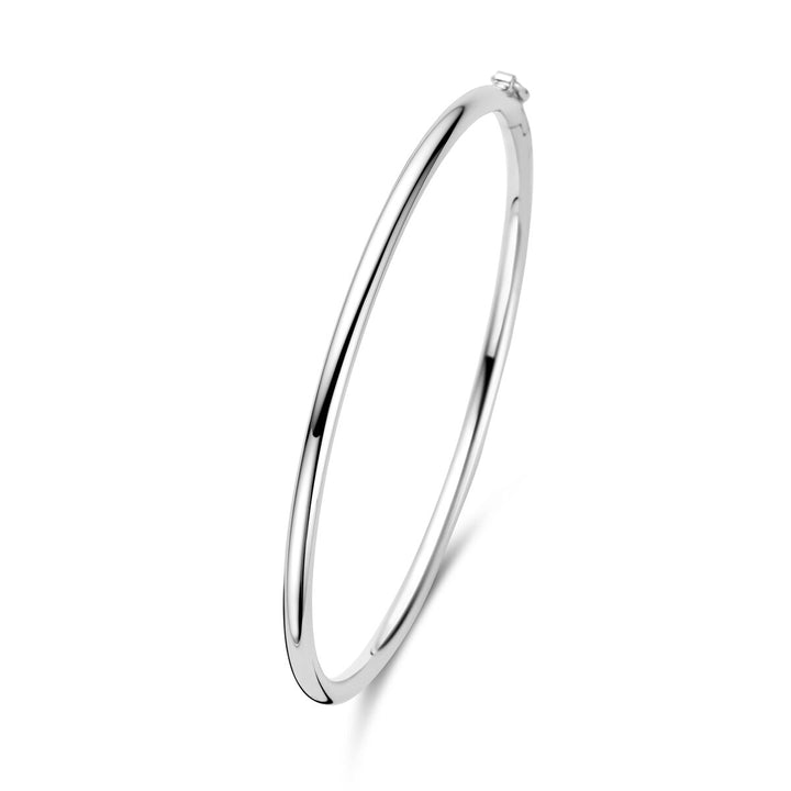 De Van der Kooij Collectie bangle scharnier ronde buis 3 x 60 mm in gerhodineerd zilver heeft een glad, rond ontwerp met een kleine sluiting, elegant weergegeven op een witte achtergrond.