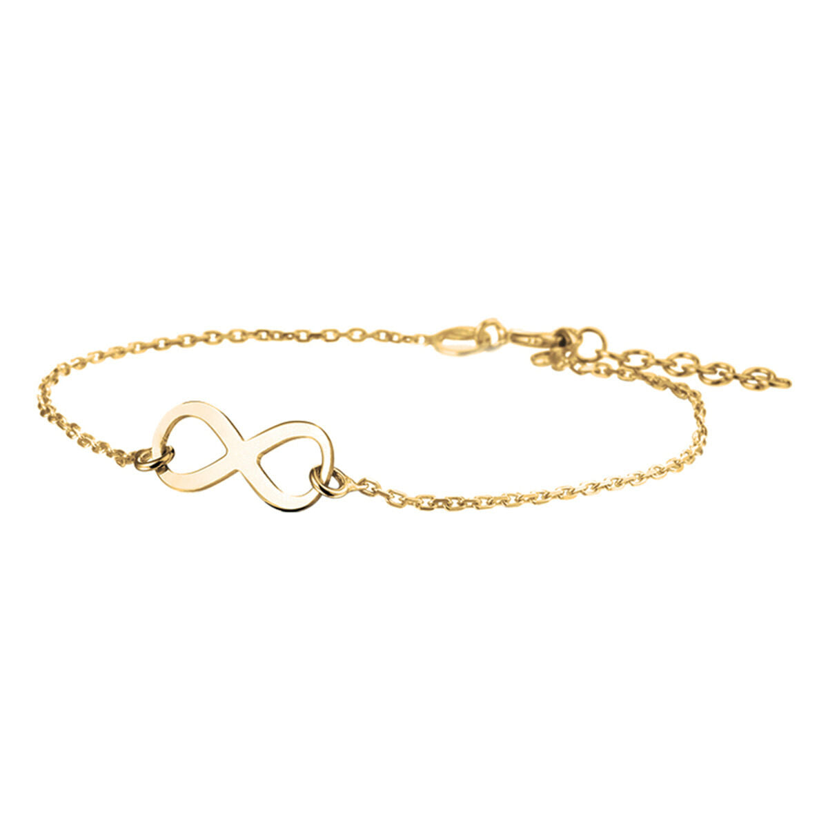 Pulsera de infinito en plata dorada de 3 micrones, con cadena fina y ajuste de 17 a 19,5 cm.