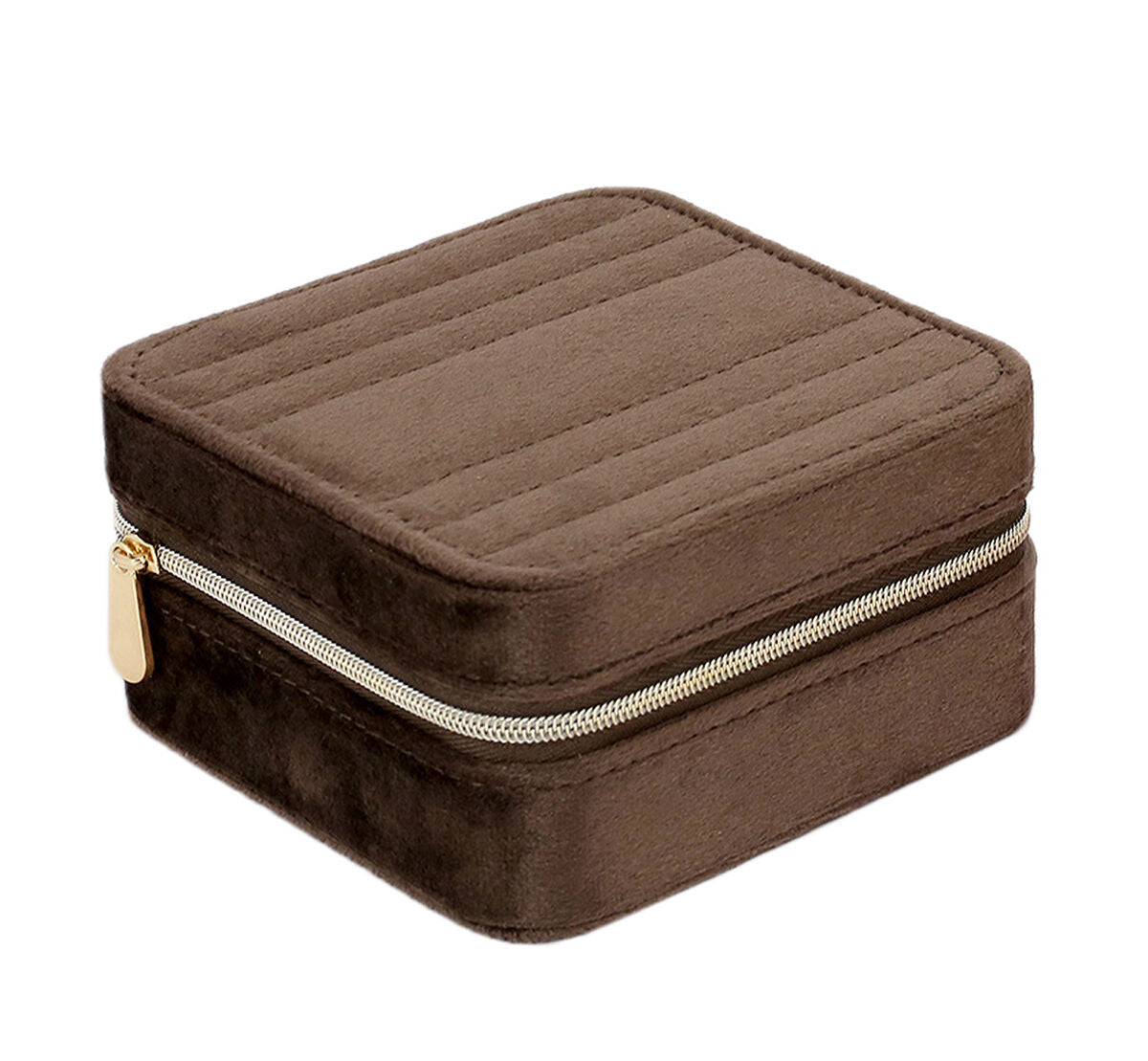 Caja de joyería marrón con cierre de cremallera y diseño acolchado.