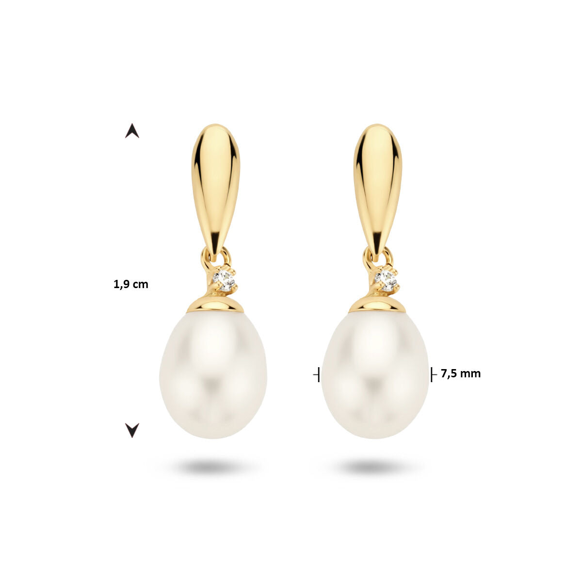 pendientes de perla y circonita en oro amarillo de 14K
