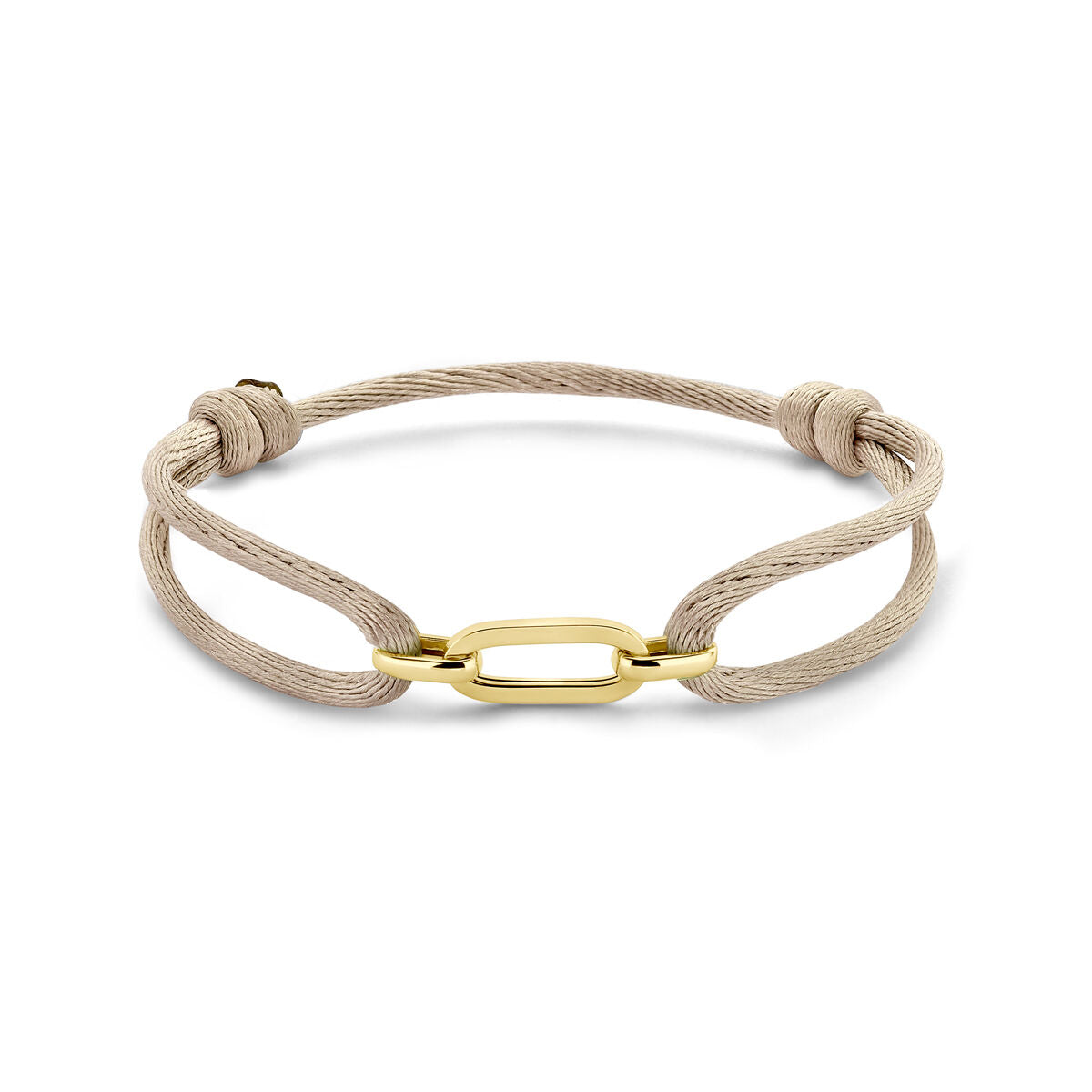 Pulsera de dama de 14k, con acabado satinado y detalles de cuero en color beige.