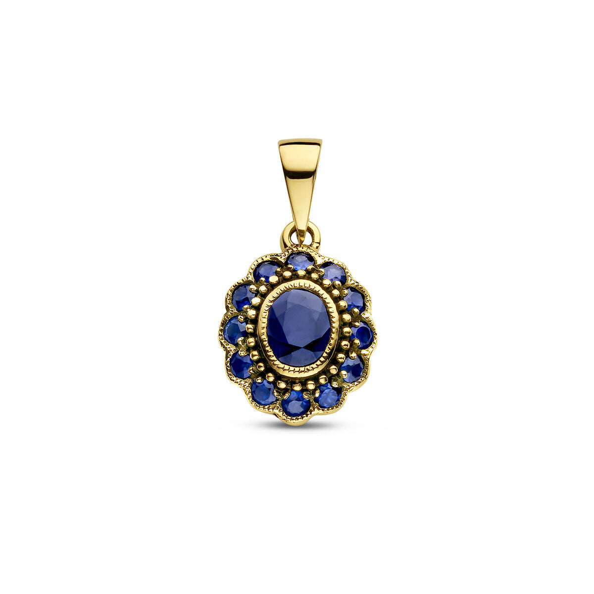 Colgante de oro amarillo de 14K con un ópalo central y piedras de zafiro alrededor.