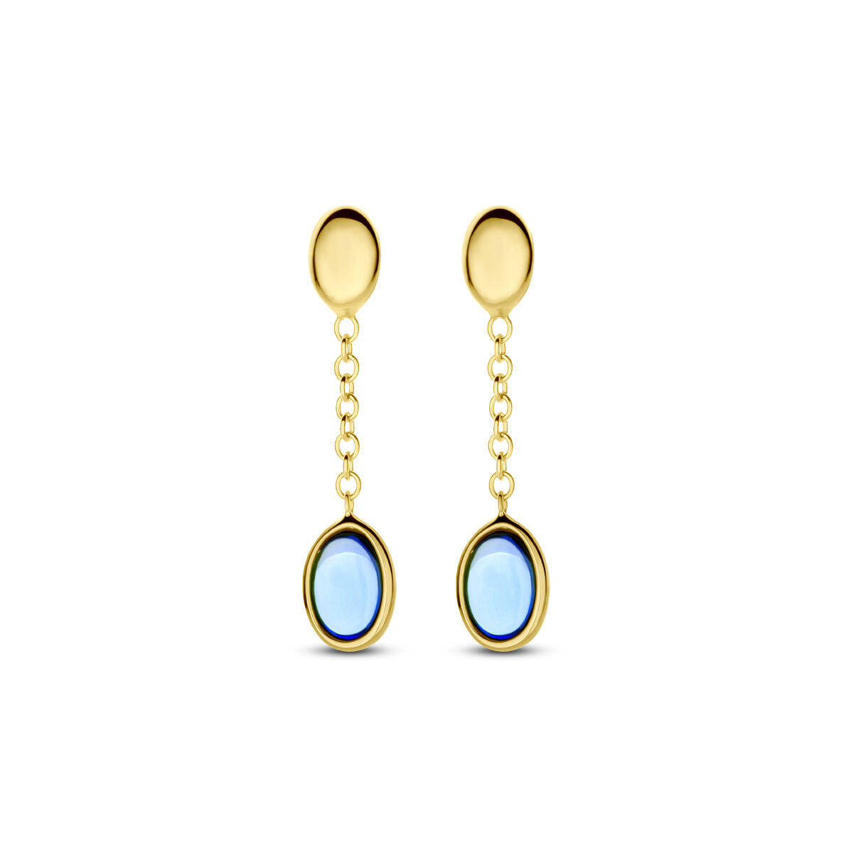 Pendientes largos de topacio azul londinense de 26 mm en oro amarillo de 14K.