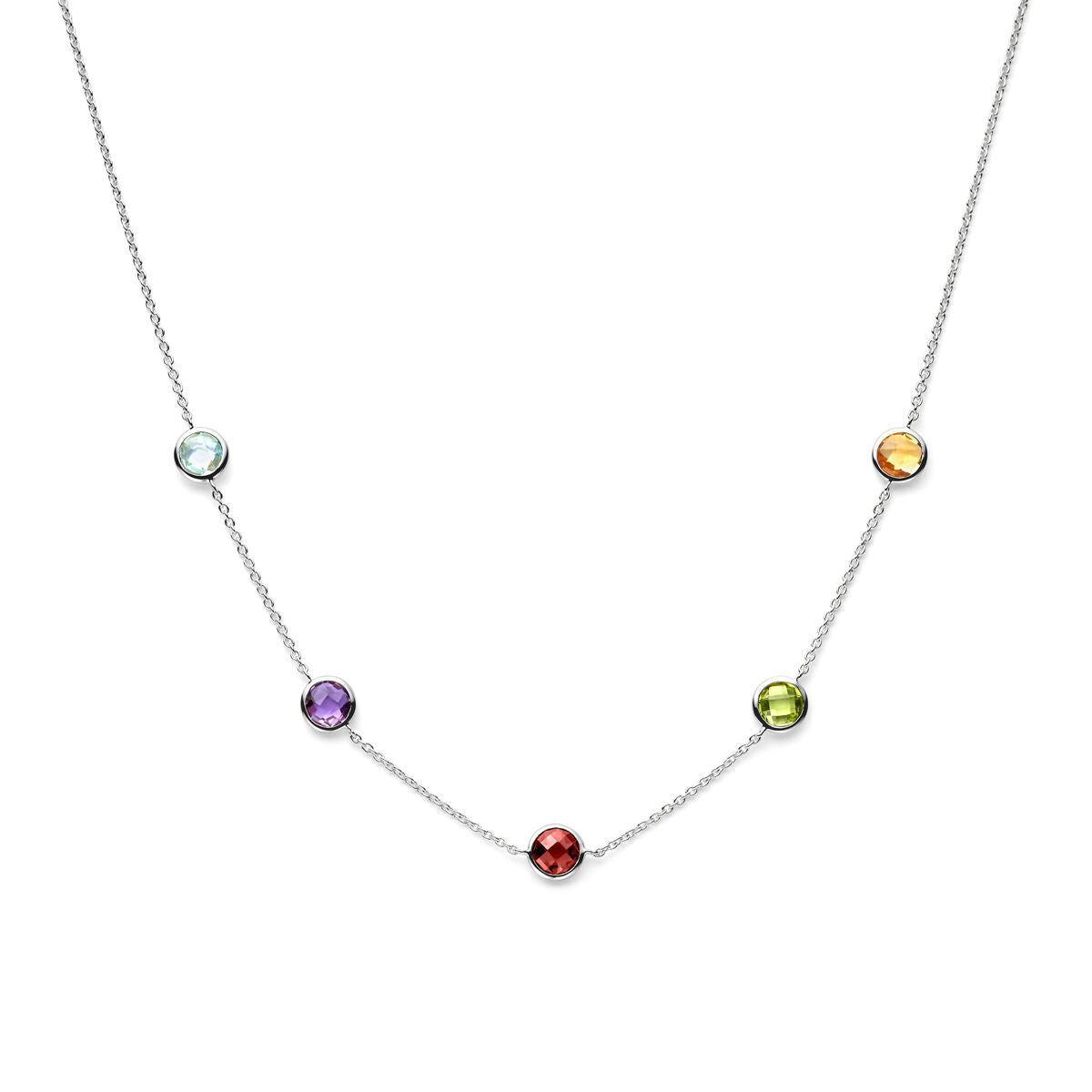 Cadena de plata con piedras de colores, acabada en rodio, con seis gemas brillantes en diferentes tonos.