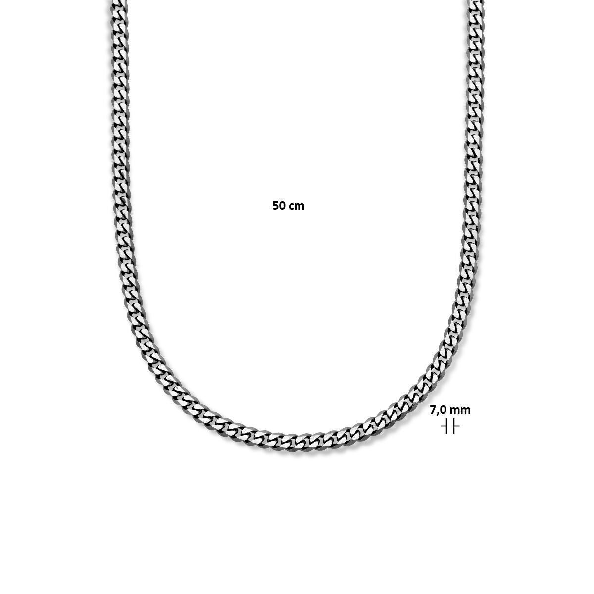 Een Stalen ketting heren - gourmette 7,0 mm ion plating edelstaal van Van der Kooij Collectie wordt getoond tegen een witte achtergrond, met labels die de lengte van 50 cm en de breedte van 7,0 mm aangeven - perfect voor elke collectie heren sieraden.