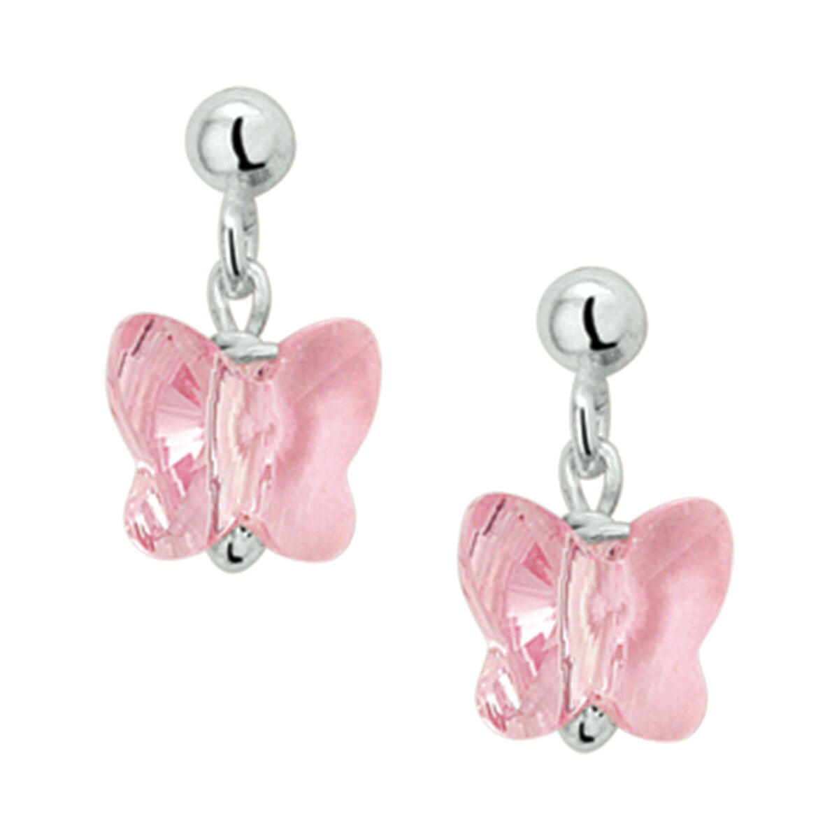 Pendientes largos de mariposa con strass en color rosa y acabado en plata rodiada.