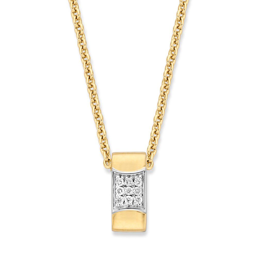Colgante de oro amarillo de 14 quilates con diamantes en pavé, forma rectangular y cadena fina.