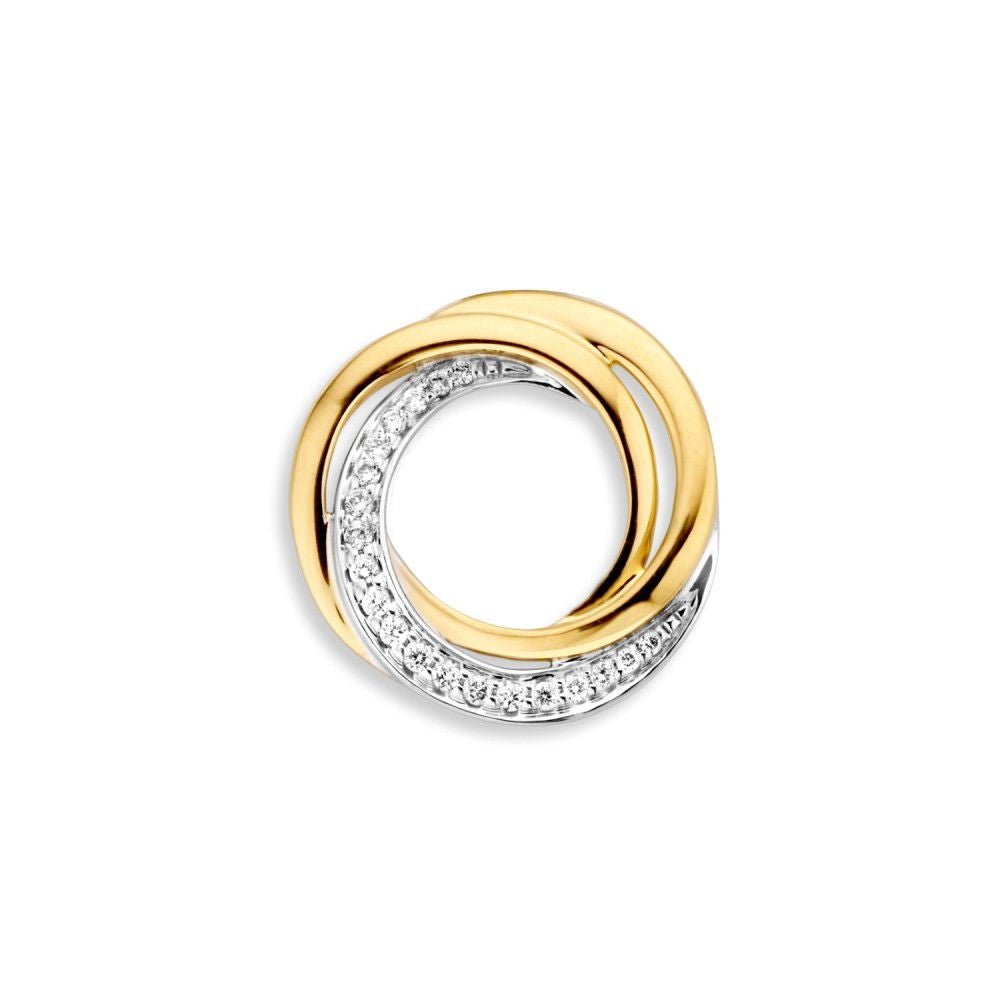 Colgante bicolor de oro blanco y amarillo con diamantes, 14 quilates, 0.11 quilates de brillante.