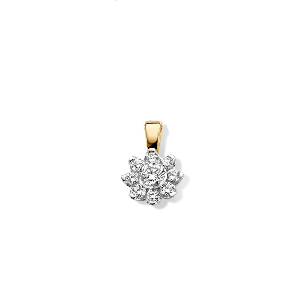 Colgante de oro amarillo de 14 quilates con diamantes brillantes, forma floral y 0,21 crt de diamantes.