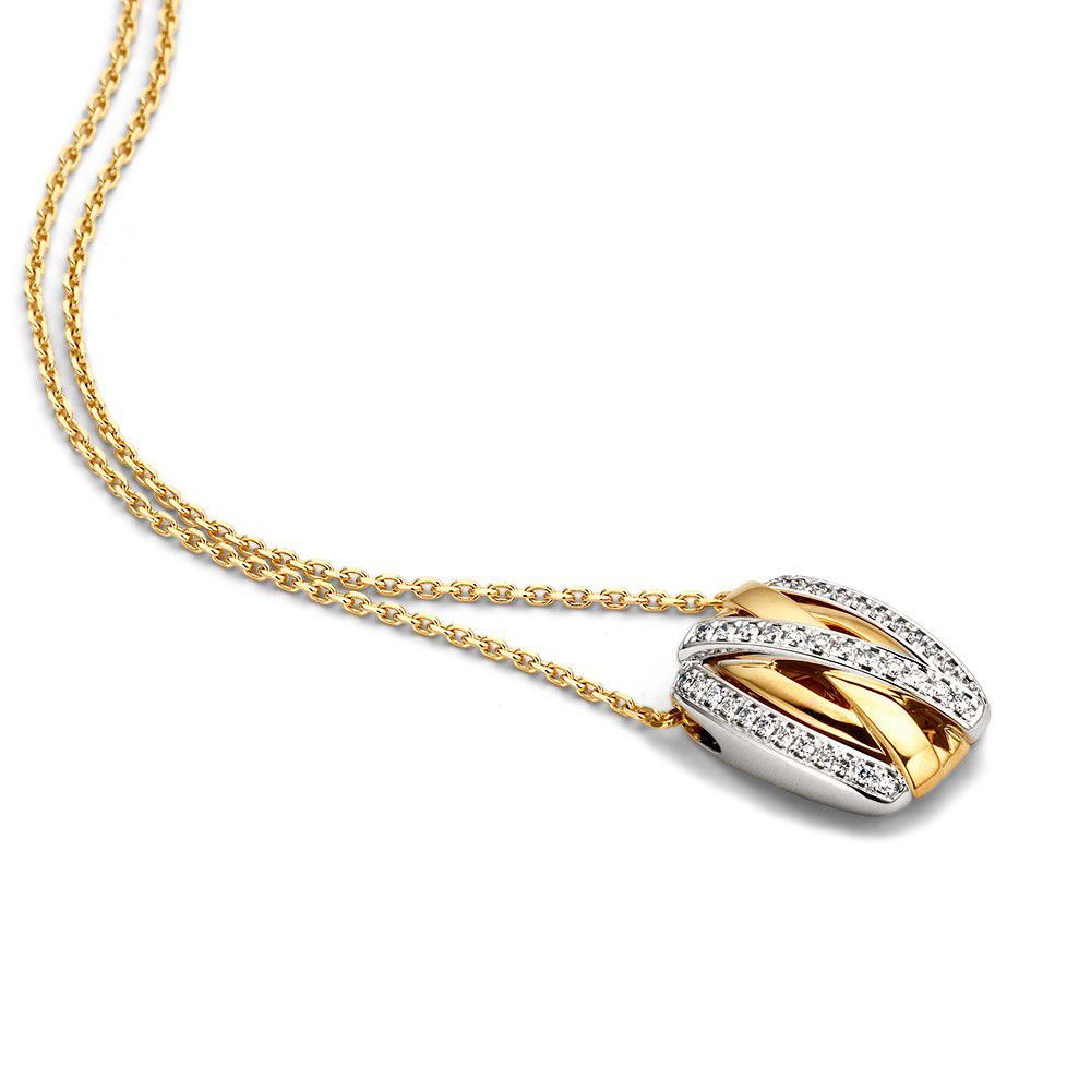 Colgante bicolor de oro con diamante brillante de 0,25 crt en oro de 14 quilates.