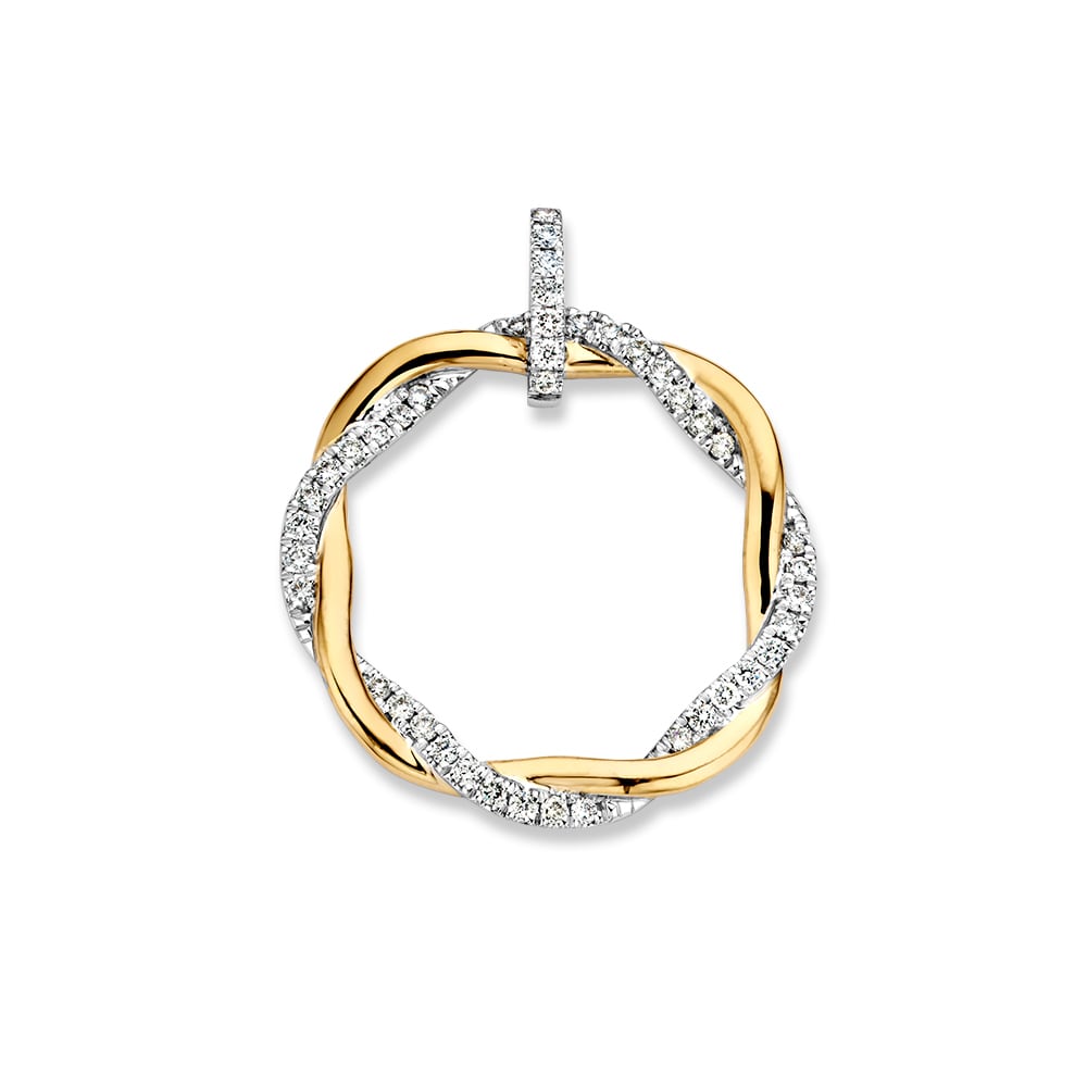 Colgante bicolor dorado con diseño trenzado y diamantes brillantes.