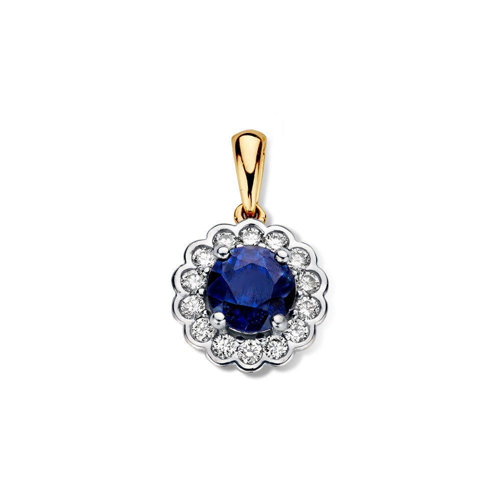 Colgante bicolor de oro amarillo y blanco con zafiro azul y diamantes, forma redonda.