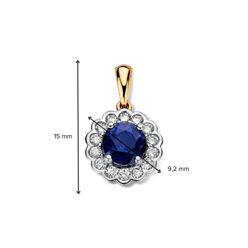 Colgante bicolor de oro amarillo y oro blanco con zafiro azul y diamantes - 14 quilates