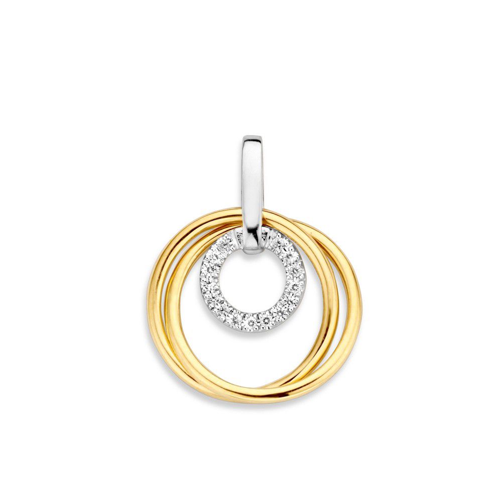 Colgante bicolor de oro de 14 quilates con circonitas, forma de anillo, 22 mm de longitud.