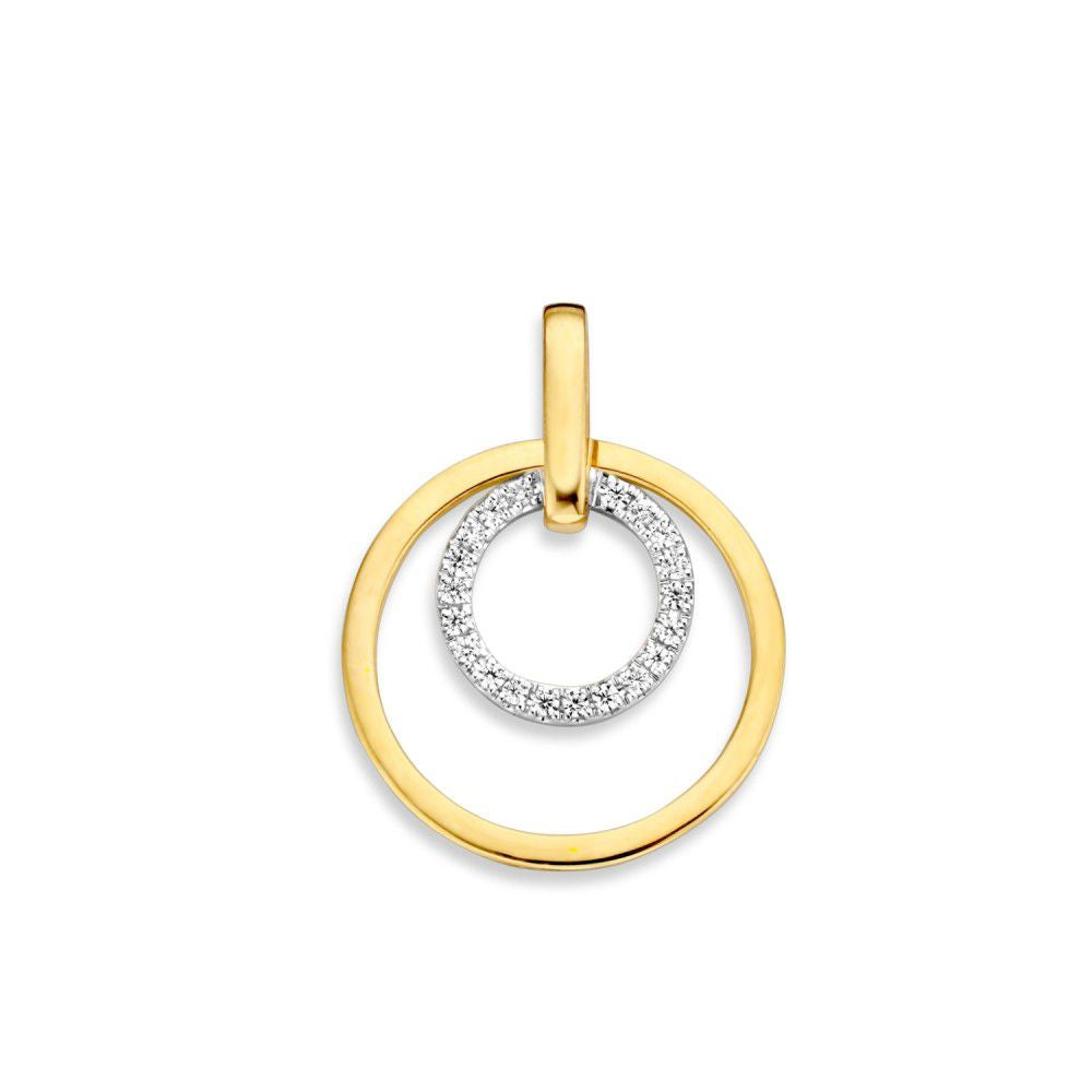 Colgante dorado juguetón con dos círculos entrelazados, uno en oro amarillo y otro en oro blanco, 16 mm de diámetro.