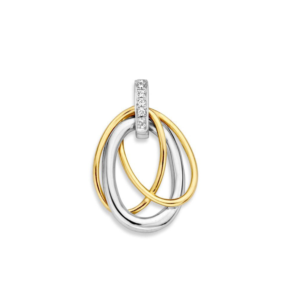 Colgante bicolor de oro con circonitas, combinación elegante de oro amarillo y blanco en forma de óvalos entrelazados.