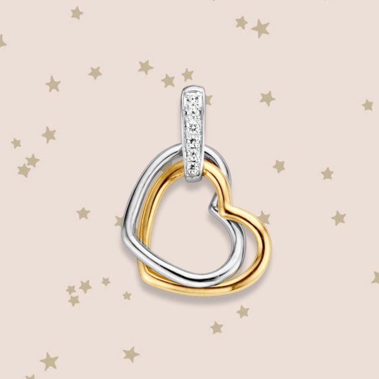 Colgante en forma de corazón bicolor de oro con circonitas – 14 quilates oro amarillo/blanco