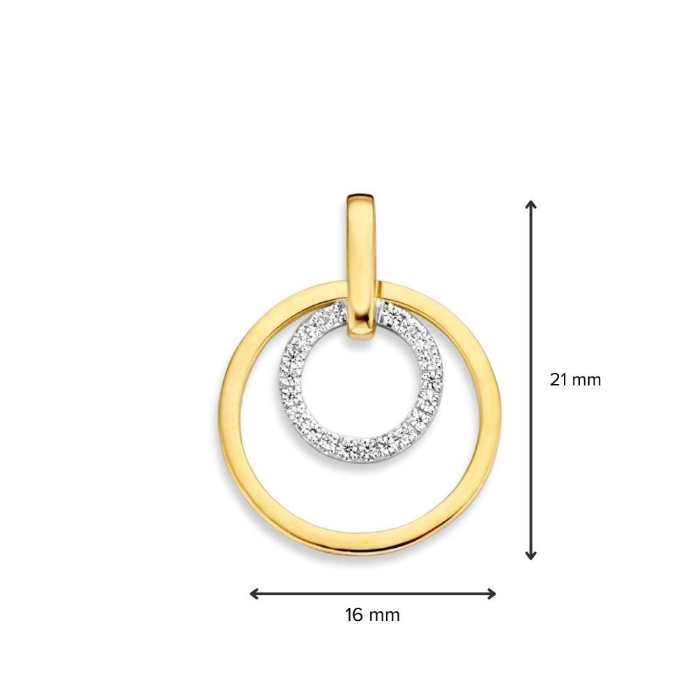 Divertido colgante de oro con dos círculos entrelazados – 14 quilates oro amarillo/blanco – 16 mm diámetro