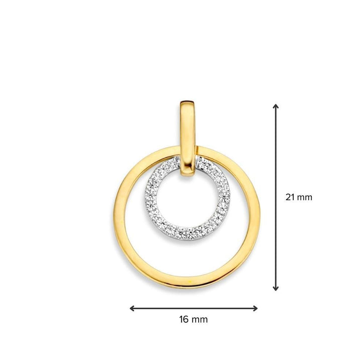 Speelse gouden hanger met twee in elkaar vallende cirkels – 14 karaat geel/witgoud – 16 mm diameter