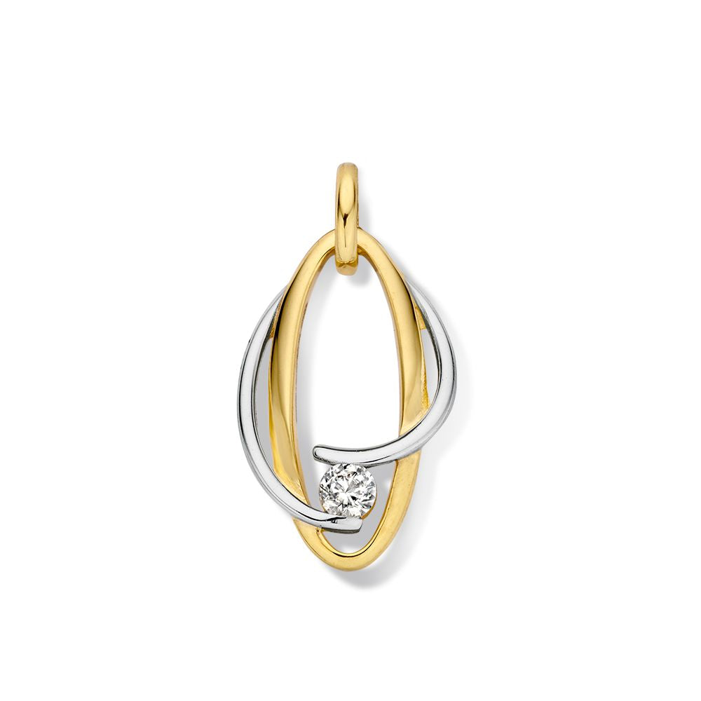 Colgante bicolor de oro blanco y amarillo con zirconia, con forma ovalada y detalles entrelazados.