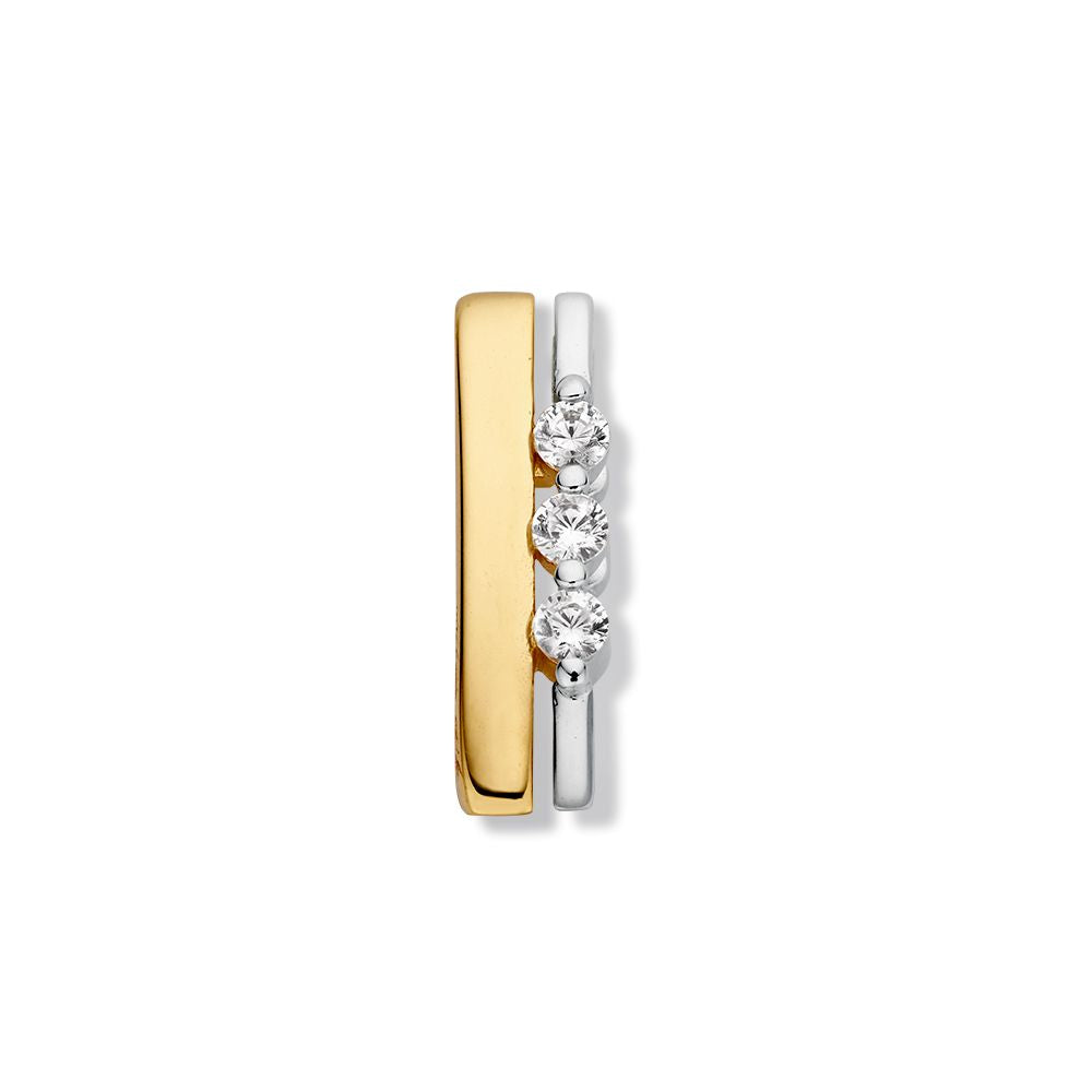 Colgante bicolor de oro con tres circonitas, en oro amarillo y blanco, con un diseño moderno.