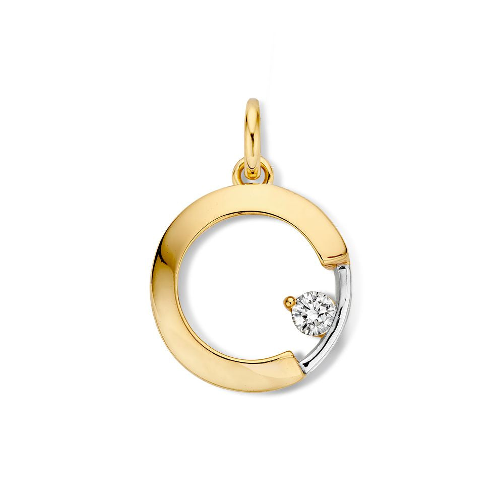 Colgante bicolor de oro con circonita, en oro amarillo y blanco, con forma circular y detalle brillante.