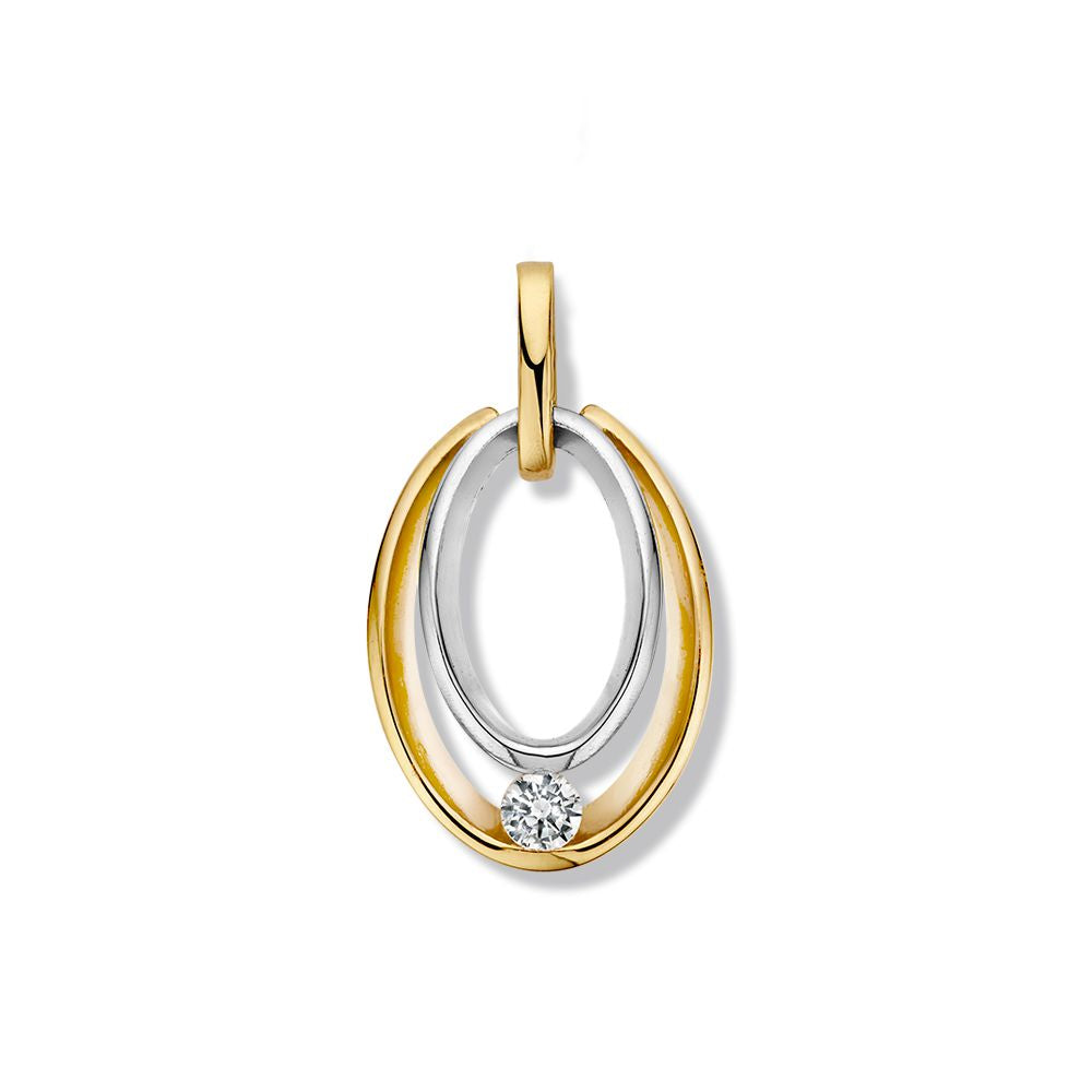 Colgante bicolor de oro blanco y amarillo con zirconia, de forma ovalada y diseño elegante.