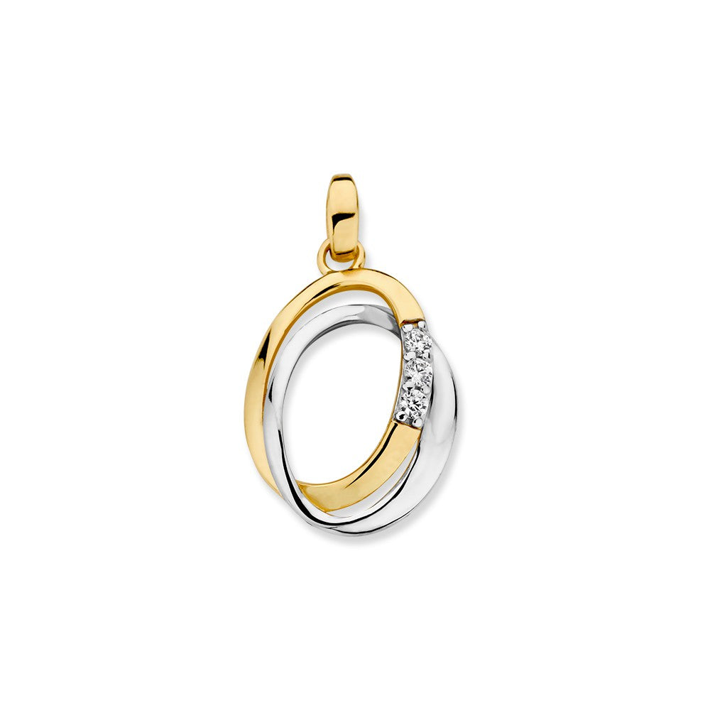 Colgante bicolor de oro de 14K con circonitas, forma ovalada y detalles brillantes.