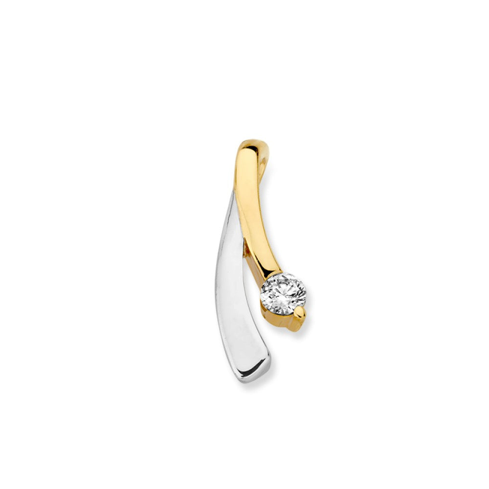 Colgante bicolor de oro de 14K con zirconia, con diseño elegante en oro blanco y amarillo.