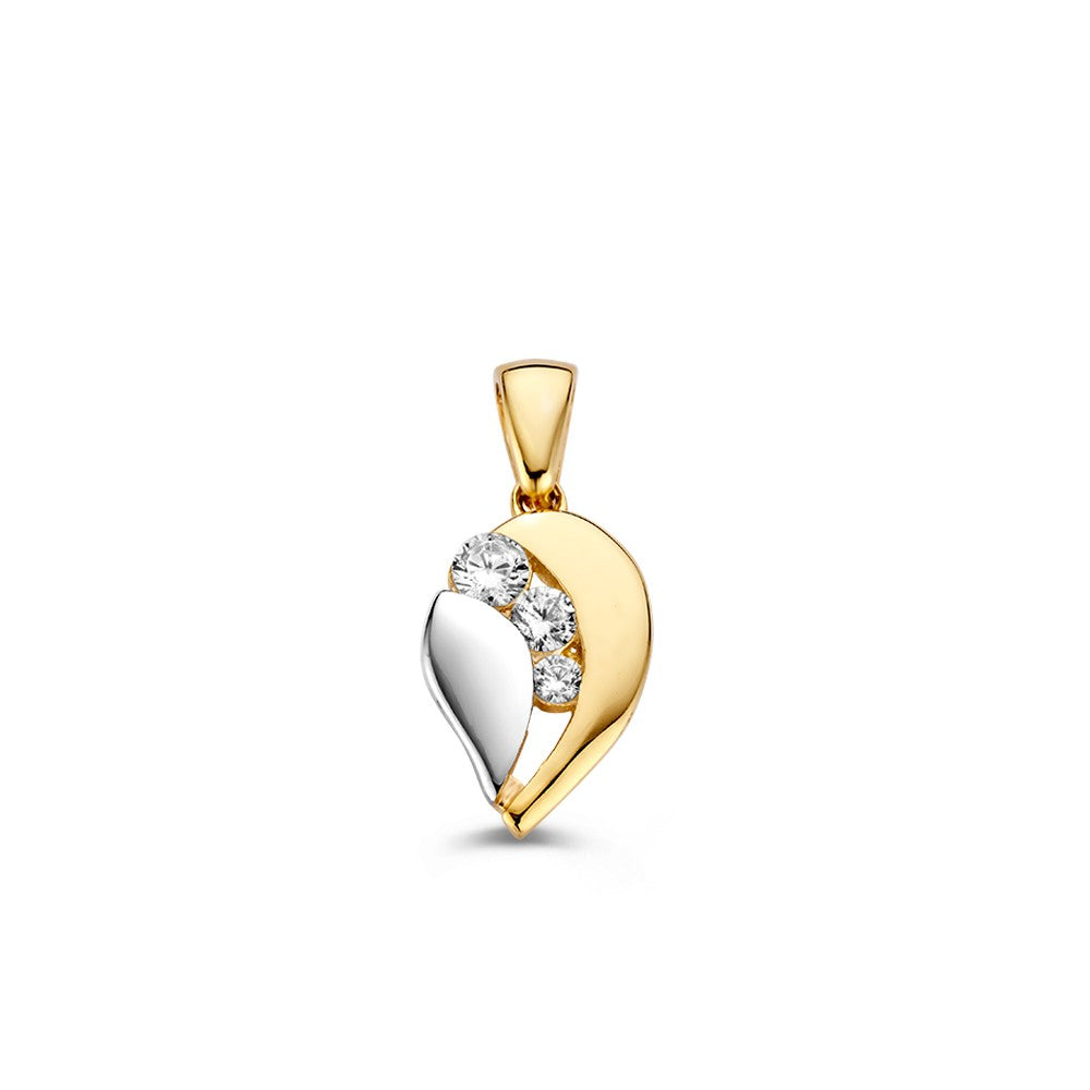 Colgante bicolor en forma de gota con zirconias brillantes y acabado en oro amarillo y blanco.