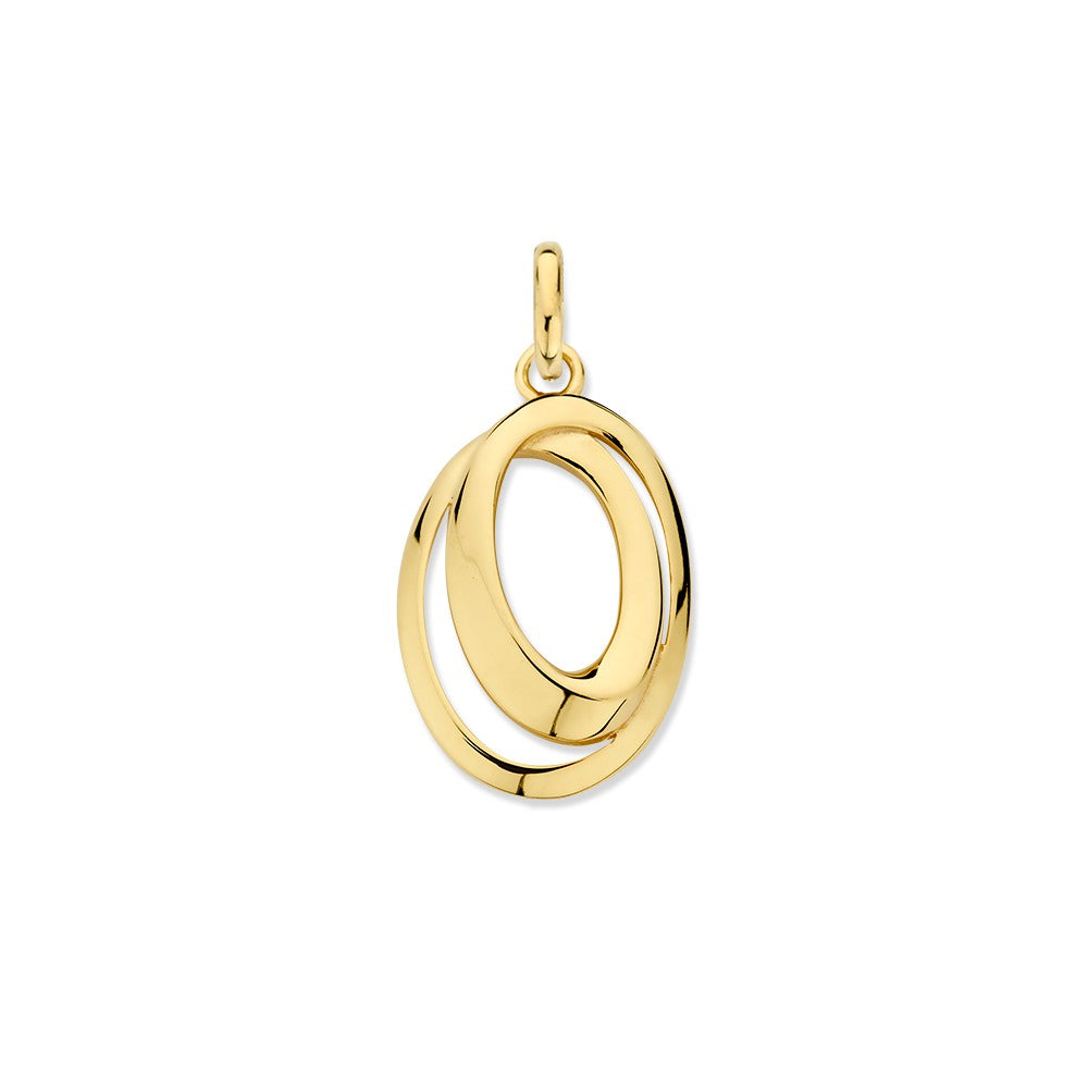 Colgante de oro amarillo de 14 quilates con dos círculos ovalados entrelazados.