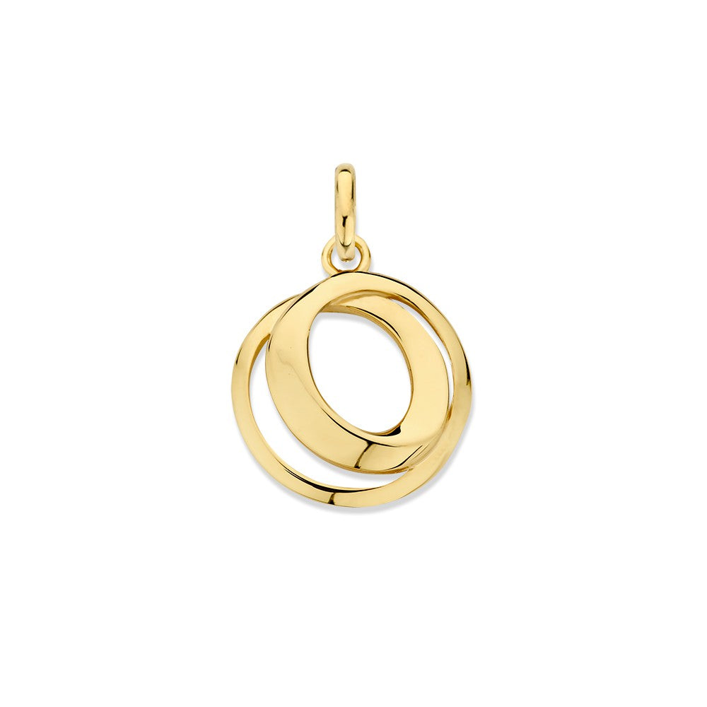 Colgante de oro amarillo de 14 quilates con dos círculos entrelazados, diseño sutil y elegante.